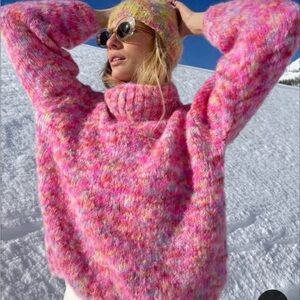 Rose Carmine Alpaca Wool Handmade Mock Neck Sweater Mottled Pink Multicolor RARE